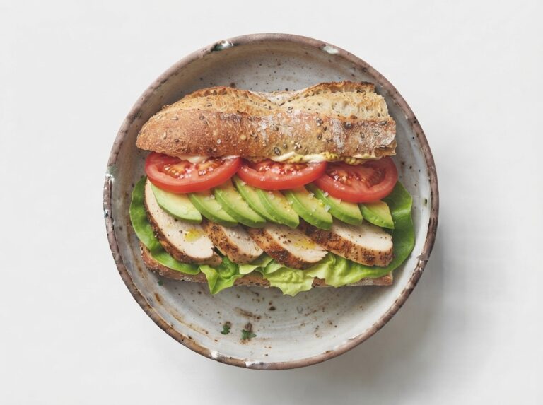 Bocadillo integral de pollo, aguacate y tomate
