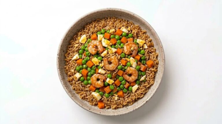 Arroz integral salteado con gambas, verduras y huevo